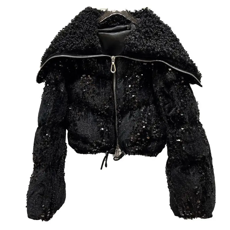 

2025 зимнее новое темно-синее короткое бархатное блестящее хлопковое пальто с воротником, женская модная верхняя одежда