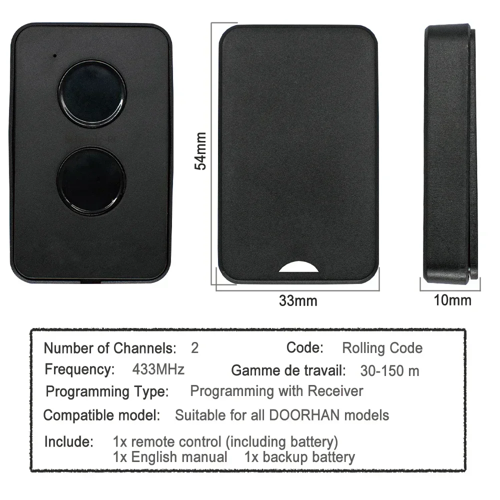 Control remoto de puerta con código rodante de 433,92 MHz, control remoto para puerta de garaje DOORHABN