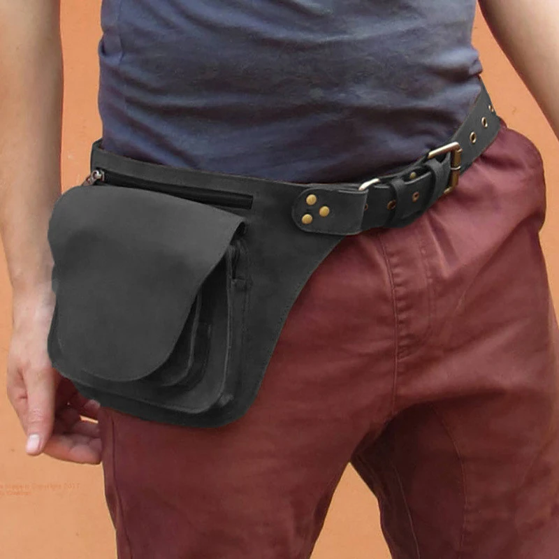 Medieval Pu Leather Waist Bag Steampunk Hip Pocket Retro Men\'s Casual Belt Buckle Bag Outdoor Travelling Punk Bag Wholesale