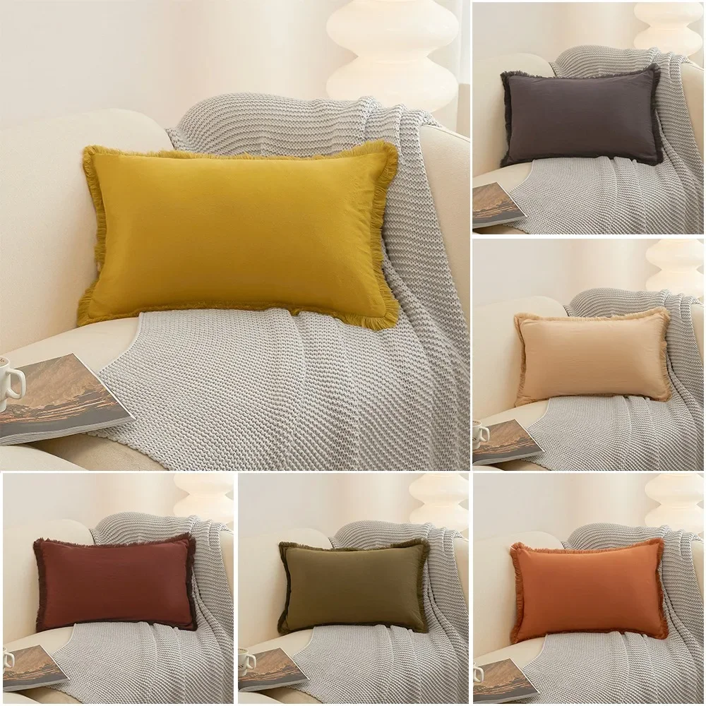 

Simple Solid Color Washed Cotton Cushion Cover with Tassels Decor Pillowcase Sofa Living Room Funda De Almohada Simple Y Sólida