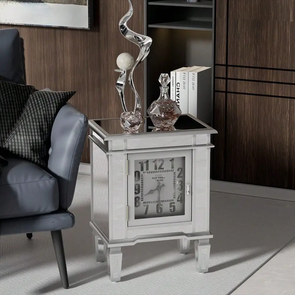 Luxury Silver Side Table Clock Mirrored Coffee Table Glass Top Living Room Decor