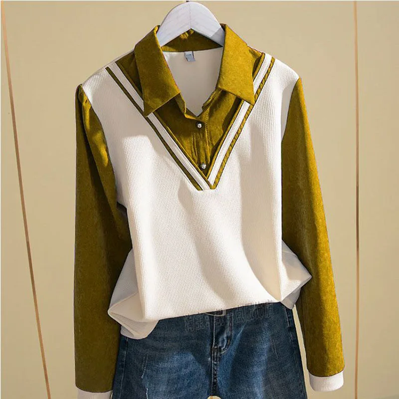 

Fashion Lapel Button Spliced All-match Fake Two Pieces Shirt Women Clothing 2022 Autumn New Oversized Casual Tops Korean Blouse