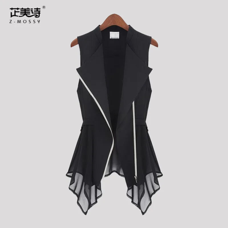 #0708 Summer Black Asymmetrical Chiffon Waistcoat For Women Thin Sexy Vest Coat Sleeveless Jacket Female Long Vest With Zipper