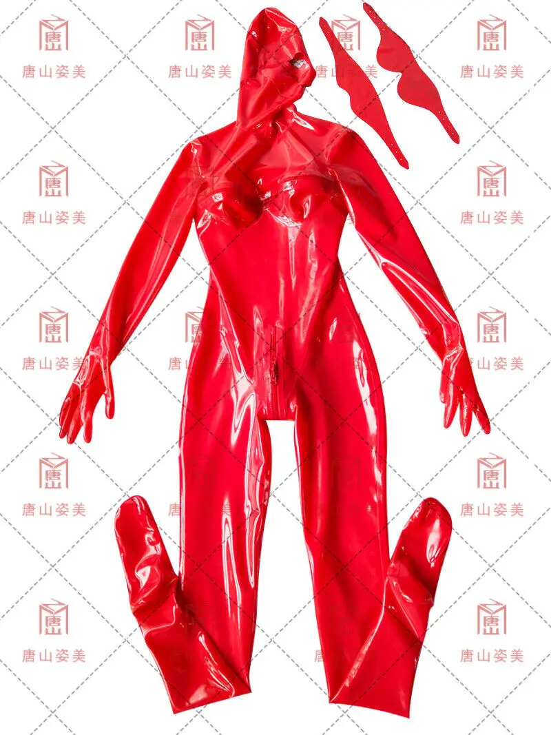 Latex full catsuit with Removable Eyes and Mouth chest zip 3D breast women