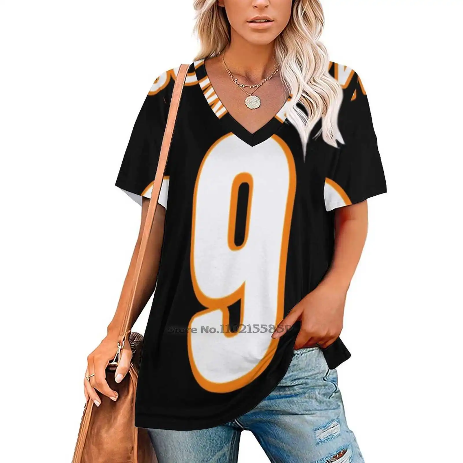 Burrow Jersey Women V Neck T-Shirt Casual Sexy T Shirts Hollow Out Zipper Pullover Top Joe Burrow Burrow Bengals Cincinnati