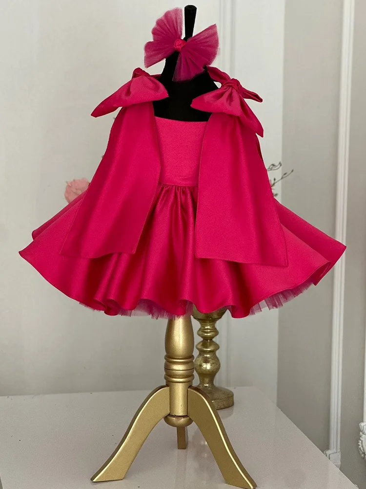 Cross-border Trade Girls' Formal Dress2025New European and American Style Bowknot Princess Rose Red Children's Performance Costu