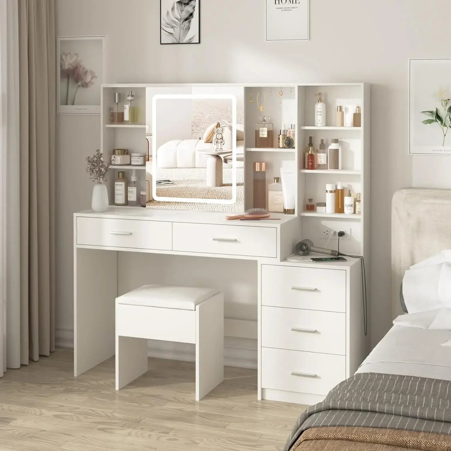 Desk with Mirror and Lights, White Vanity Table with 3 Color Lighting,5 Drawer Storage, 5 Hooks, Hidden and Open Shelves