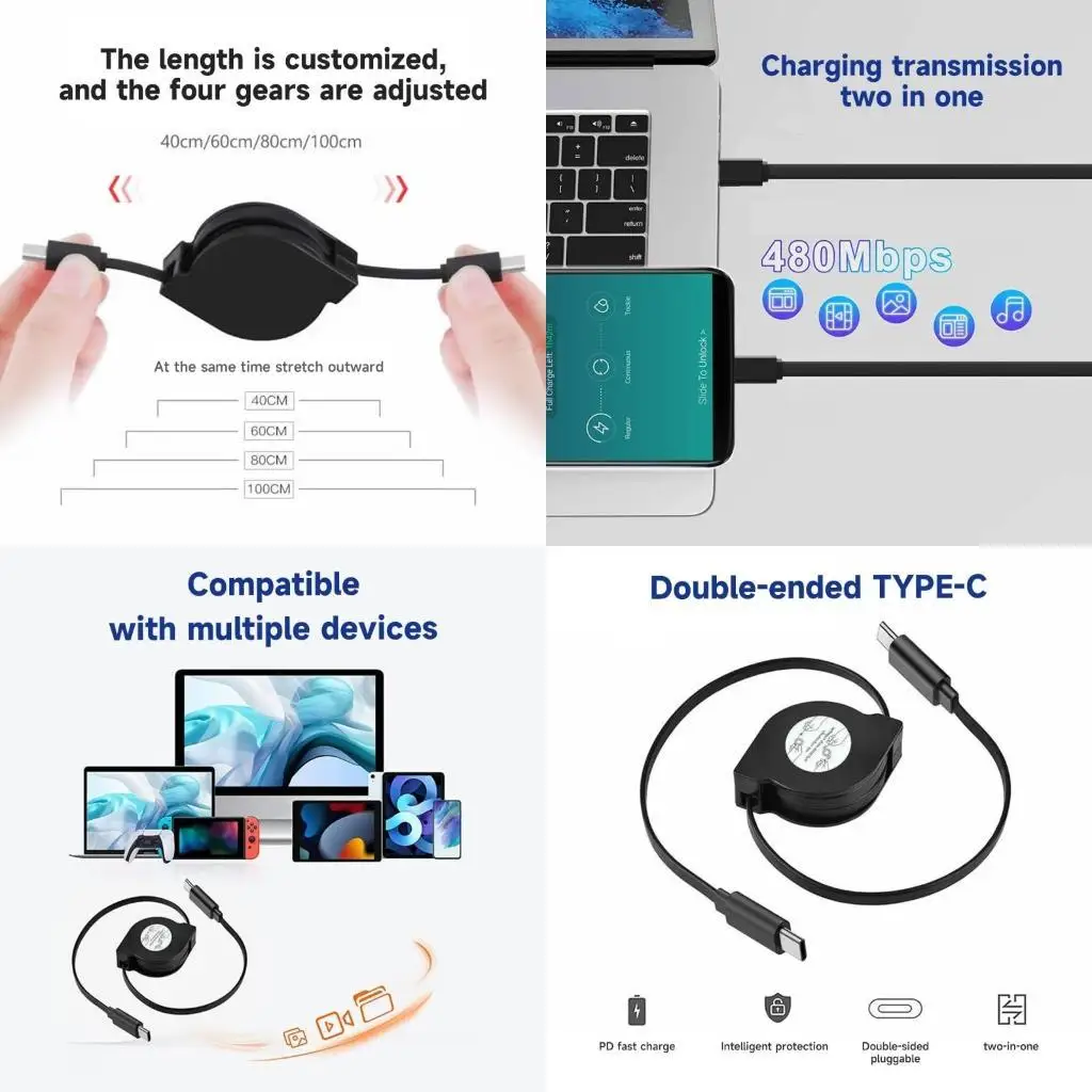 

Y1UB 60W PD Type C Retractable Fast Charging Data Sync Cord for Phone Switch Tablets