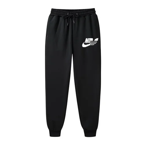 New Men Swoosh Logo Print Joggers Grey Casual Sweatpants Elastic Drawstring Waist Tapered Ankle Sports Pants Streetwear Fitness