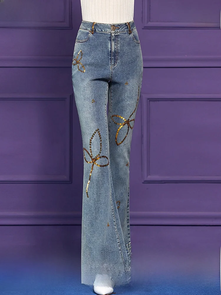 

Blue Sequin High Waist Bell Bottom Jeans Women's Winter Vintage Slim Fit Long Casual Pants Cotton Polyester Viscose Spandex B...