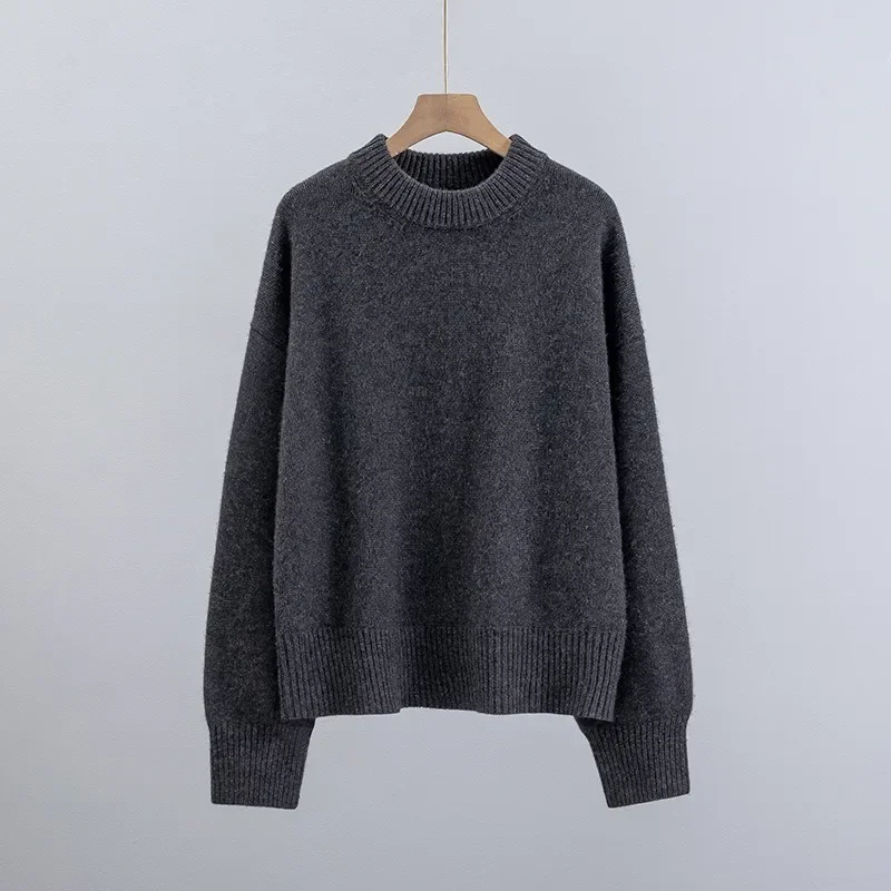 ThickenedPure Cashmere Crew Neck Back Stitch Design Sweater Women Pullovers