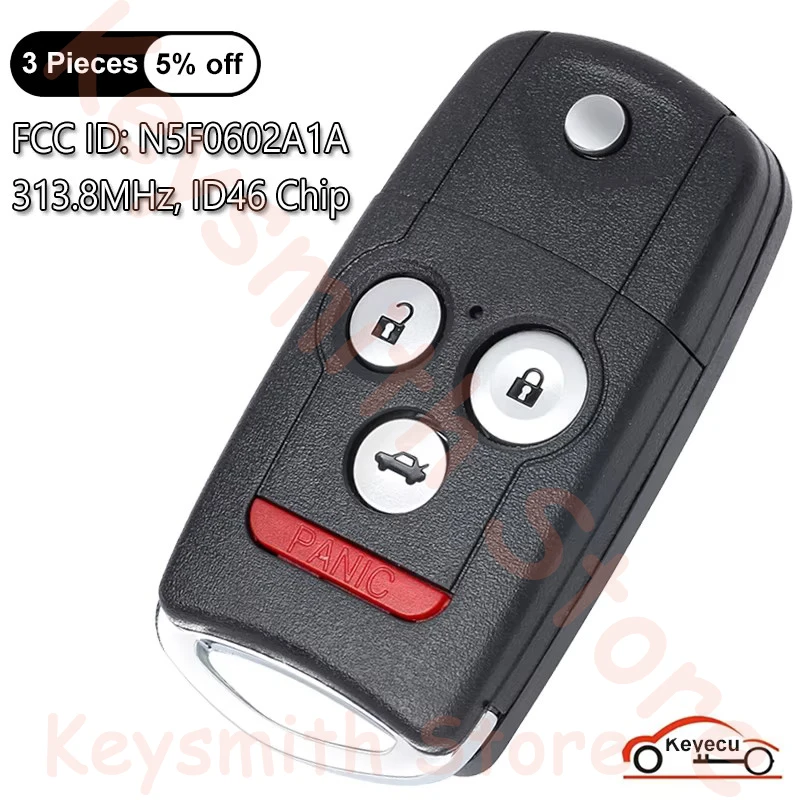 KEYECU 4 Buttons 313.8MHz ID46 Chip for Acura MDX RDX 2007 2008 2009 2010 2011 2012 2013 Auto Flip Remote Key Fob N5F0602A1A