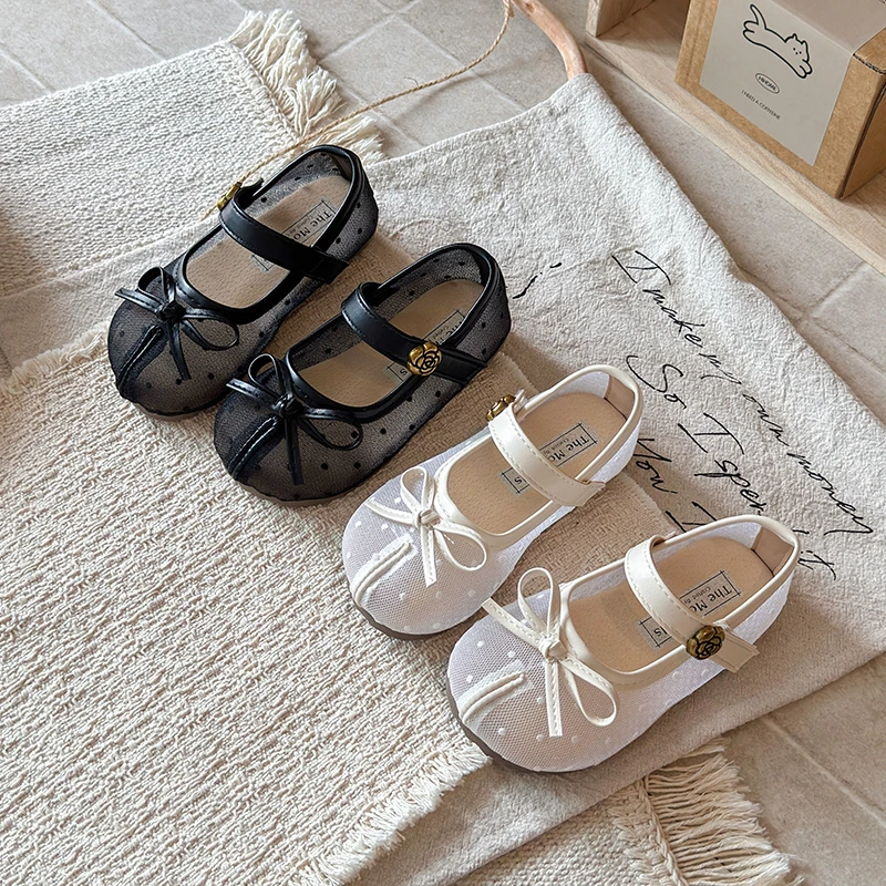 

Kids Flat Shoes Sweet Simple Bows Girls Mesh Shoes Chic Polka Dots 2026 Summer New Children Casual Shoes Soft Bottom Non-slip