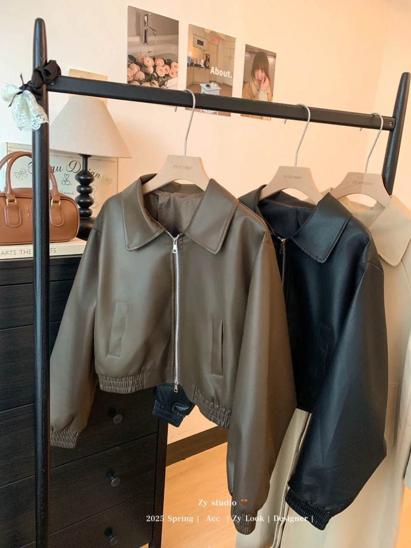 เสื้อแจ็คเก็ตหนังเทียมทรงหลวม แขนยาว ซิปหน้า ปกพับ สไตล์สตรีทแวร์ สำหรับผู้หญิง ฤดูใบไม้ร่วง ฤดูหนาว