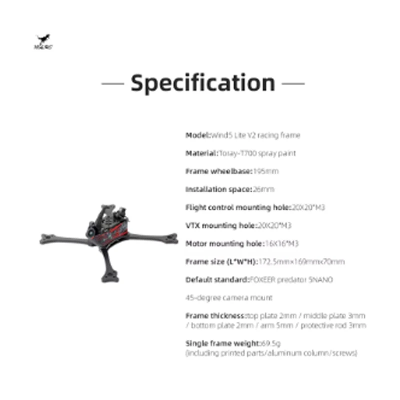 HGLRC Wind 5 Lite V2 5inch Brushless T700 Four-Axis Indoor Carbon Fiber FPV Racing Frame Kit