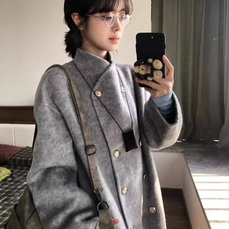 Gray Double-Sided Velvet Coat for Women's 2025 New Autumn and Winter High-end Woolen Small Stand-up Collar Medium and Long Coat