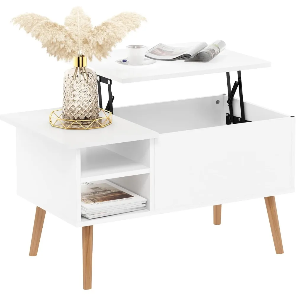 Jensen salontafel met houten poten en hefblad met verborgen compartiment en zijopen opbergplank voor woonkamer, effen wit