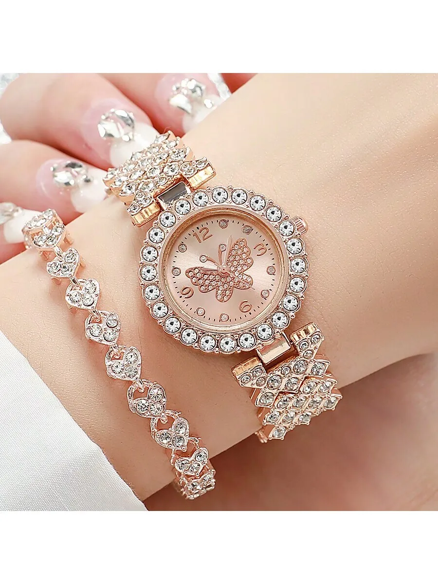 2pcs/Set Elegant Butterfly Quartz Watch, Luxurious Stainless Steel Bracelet Watch And Wristband, Suitable As Women's Gift