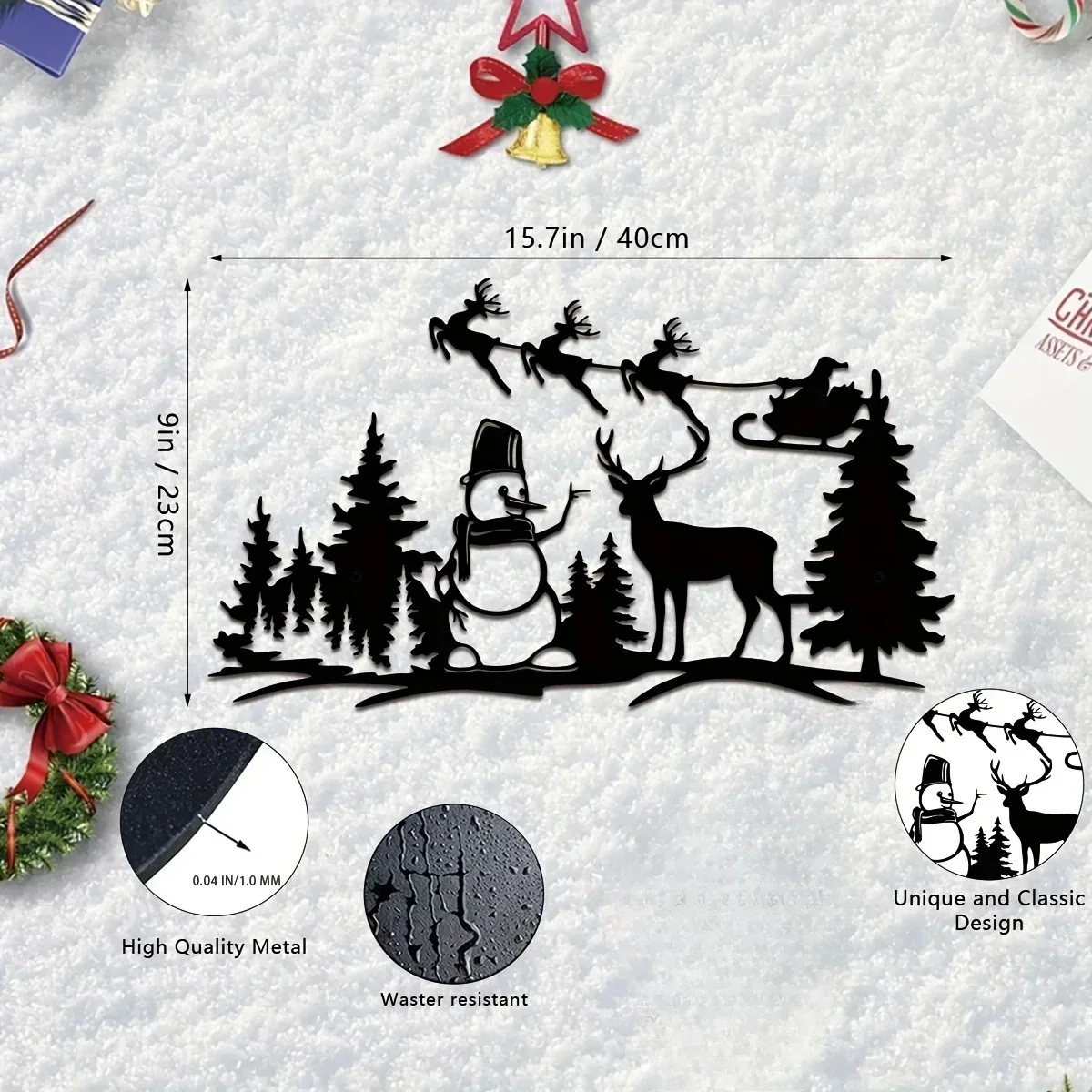 Elegant Charming Christmas Metal Wall Art – Graceful Christmas Tree, Snowman and Reindeer. Outdoor Plaque and Wall Elegance.