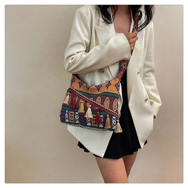 Red Black Orange Blue Flower Green Boho Ethnic Tassel Crossbody Vintage Geometric Jacquard Shoulder Bag Large Capacity Hobo Bag
