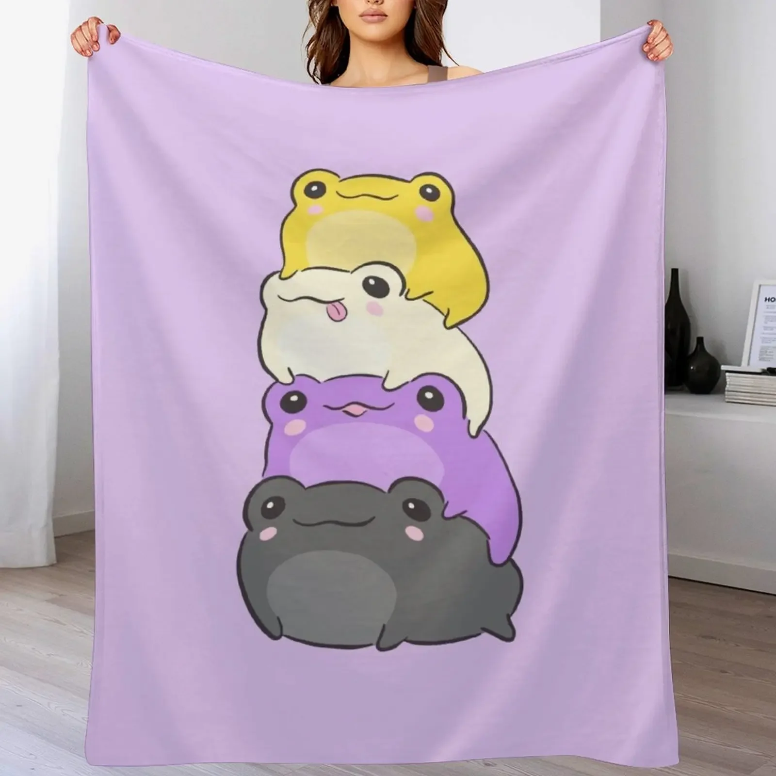 New Nonbinary Pride Frog - Cute Kawaii Aesthetic Frog - Subtle Non-Binary Enby NB Pride Flag Colors Frog Pile Throw Blanket