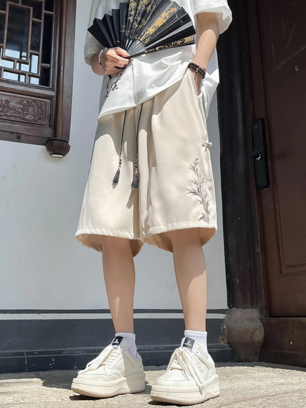 

New Chinese Sle ort Pants Men's Trendy Brand Summer Thin Five-Point Casual Pants with Embroidery And Button Details
