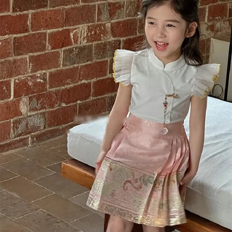 Girl's Hanfu Summer Outfit with Horsehair Skirt, Chinese Style Children's Ancient Costume, Super Fairy-Like Ancient Style for Su