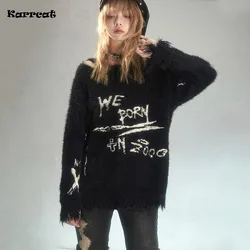 Karcat-grunge graffitiプリントセーター、Atrose elandパンク、ディストレストニットプルオーバー、ダークティカル、ゴシックブラックニットウェア、モヘア