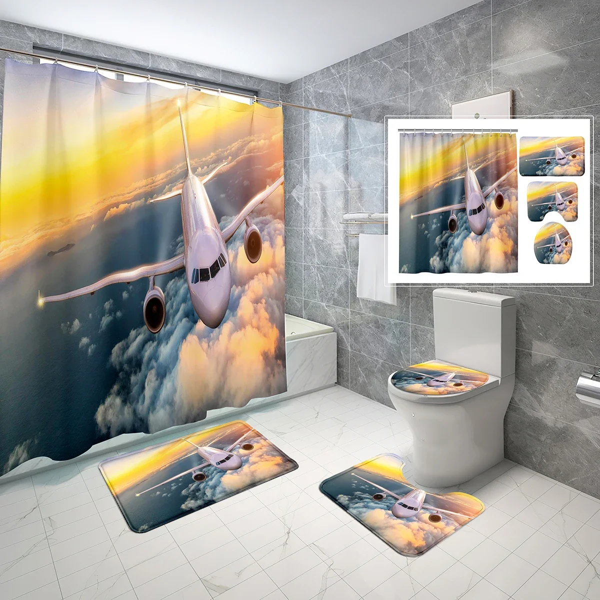 4 Pcs Shower Curtain Set Sunset Flight Runway Airplane Shower Curtain Bathroom Non-Slip Bath Mat Toilet Cover Shower Curtain Set