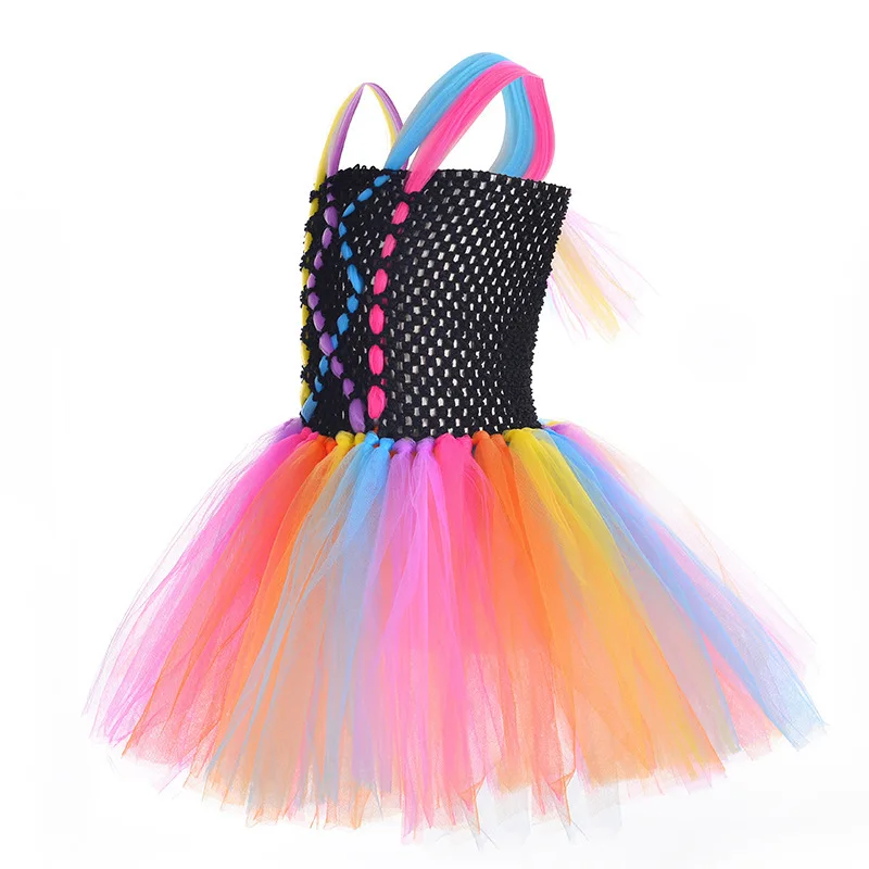Children Sweet Candy Color Witch Fluffy Mesh Princess Tutu Dress With Magic Hat Outfit For Halloween Masquerade Party Role Play