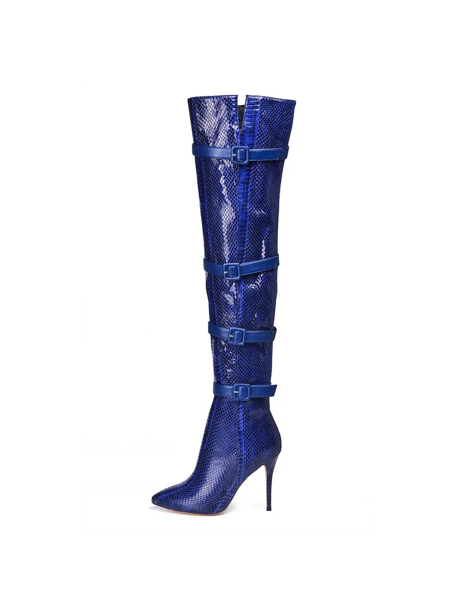 2026 Lady snake blue partten printed design buckle strap boots pointed toe over the knee boots sexy pointed toe boots
