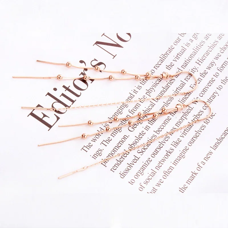 Plated 14K Rose Gold 585 Purple Gold Beaded Earrings for Women Fashion Tassels Long Snake Bone Bead Chain Earings Jewelry