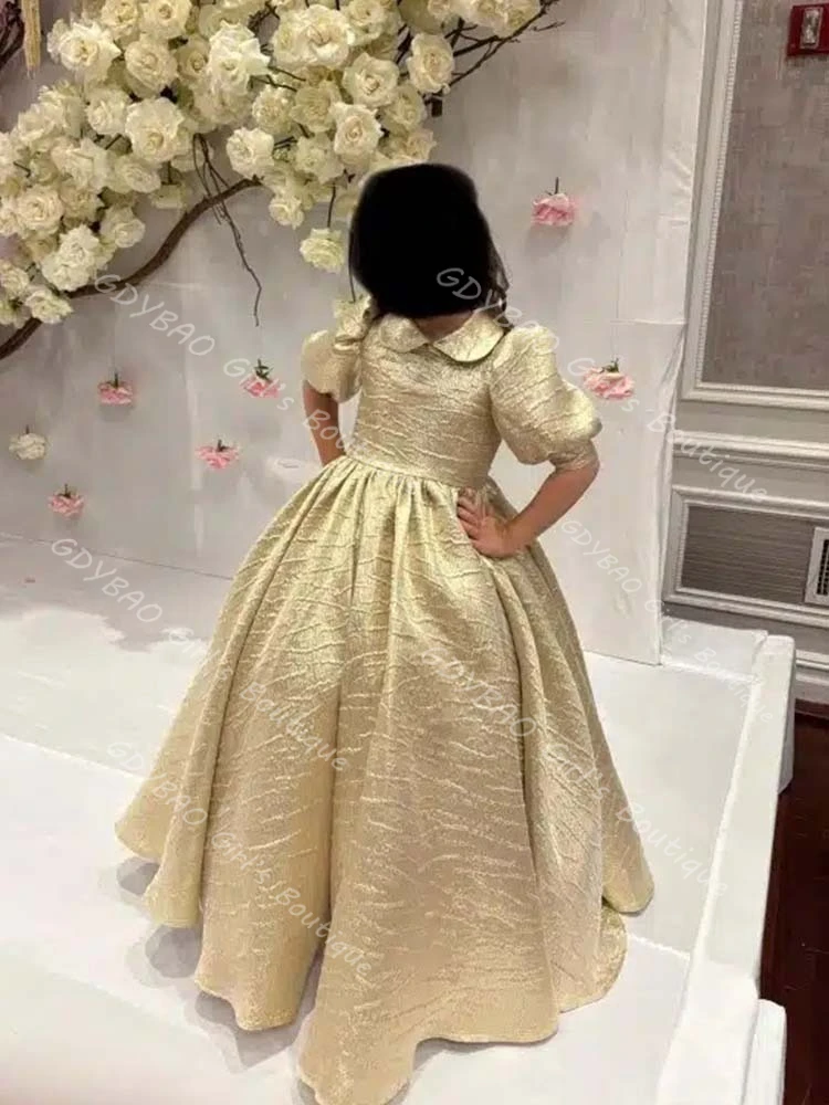 Princess Flower Girl Dress for Wedding Little Girls High Waist Ball Gown with Peter Pan Collar & Puff Sleeves Custom Party Dress