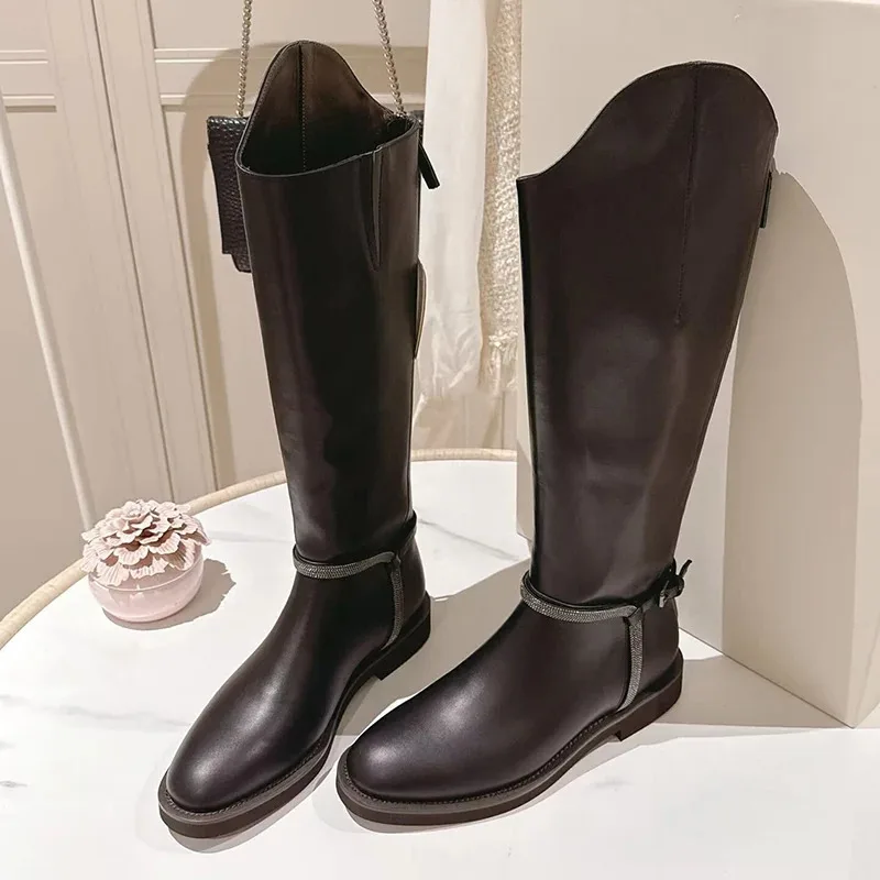 

Women Genuine Leather String Bead Decor Long Boots Women Round Toe Rear Zipper Knee-hight Boots Fashion Motorcycle Boots