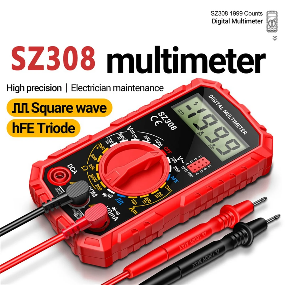 Le nouveau multimètre numérique SZ308 compteur de résistance de tension compteur de courant AC/DC électricien rétro-éclairage LCD Ohm Test d'onde carrée A