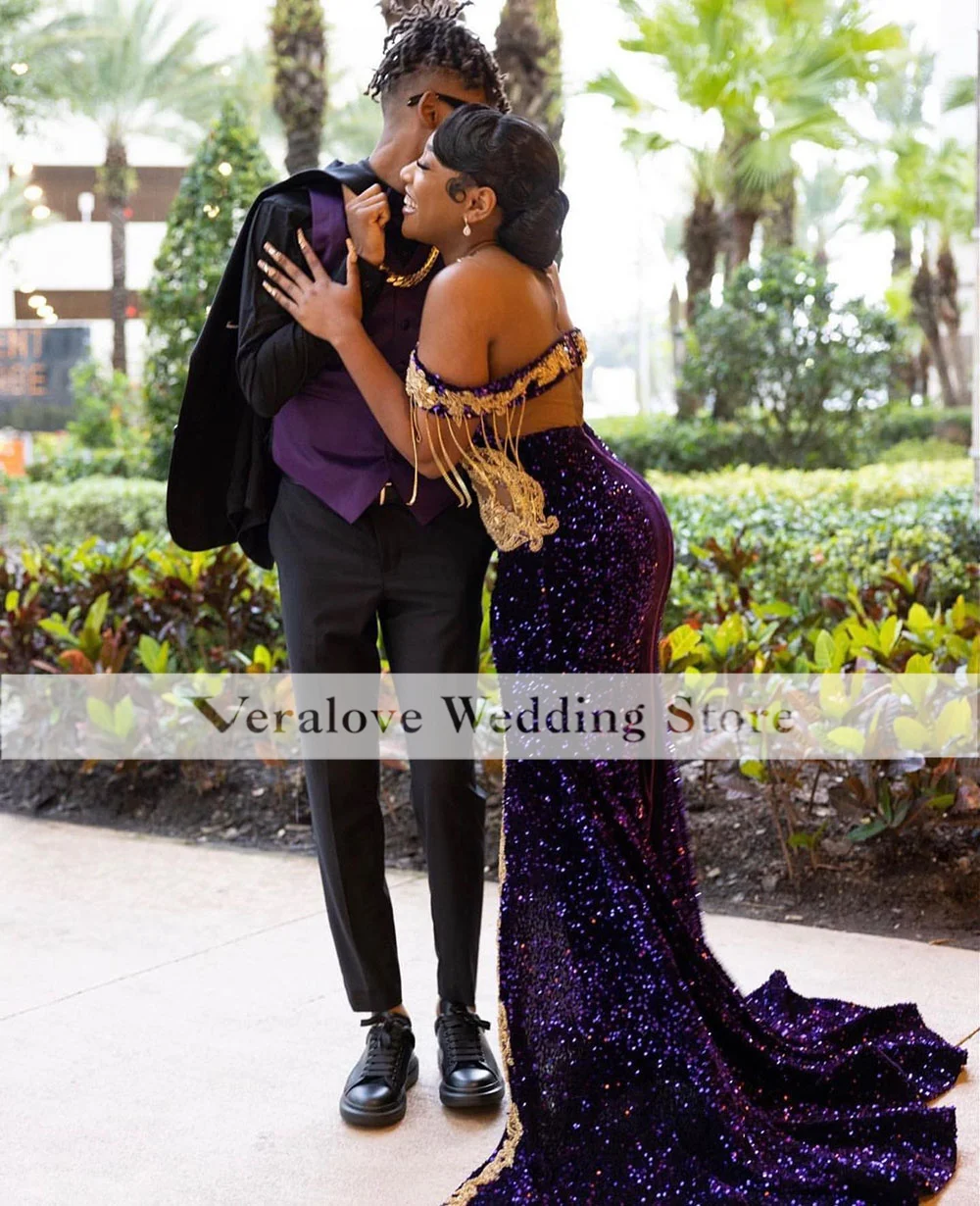 Sexy Slit Purple Prom Dresses Mermaid Gold Beads Crystal Birthday Dress For Black Girls Formal Evening Gala Party Gowns