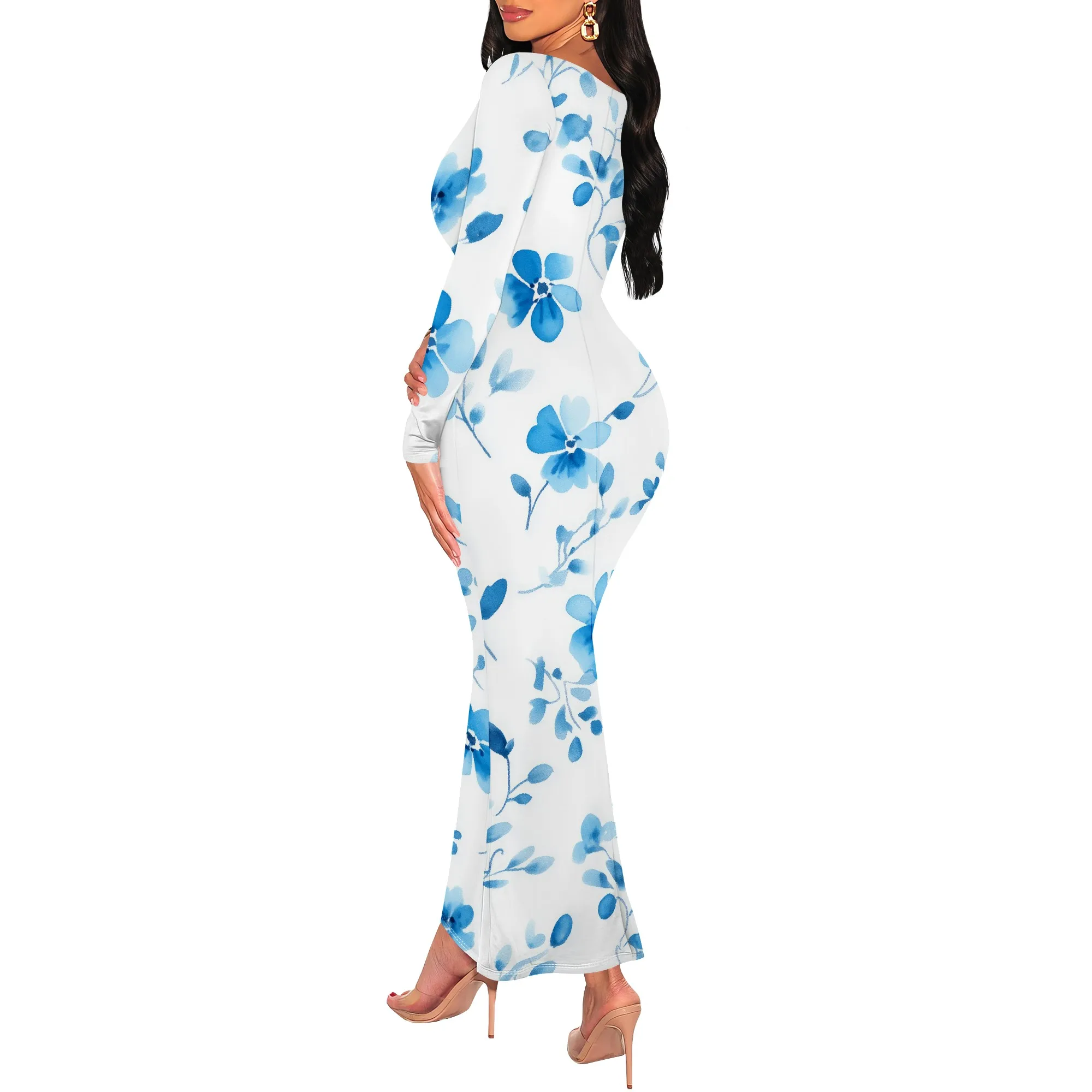 Blue Floral Print Bodycon Maxi Dress Long Sleeve Scoop Neck Spring Elegant Daily Dress