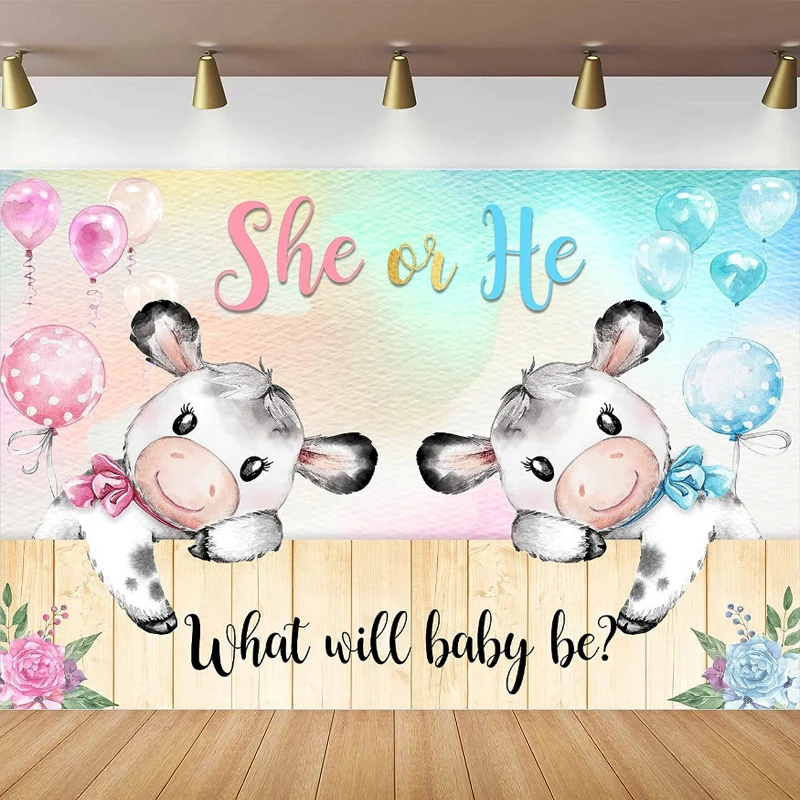 Cow Gender Reveal Photography Backdrop He Or She Cute Cartoon Calf Wood Fence Background What Will Baby Be Ballon Party Decor