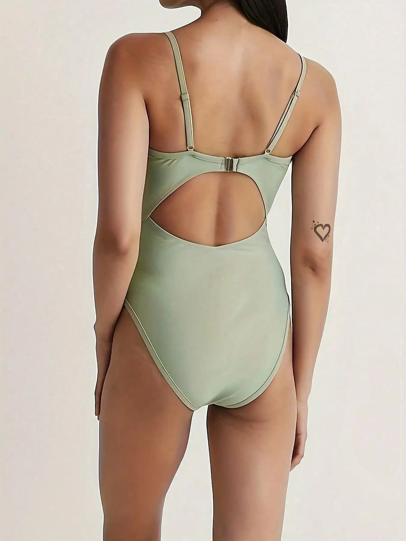 Light Green Spaghetti Strap Swimsuit With Waist Cutout, Form-Fit Swimwear