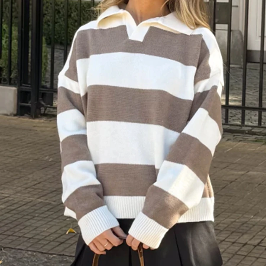 Damski sweter w paski z patchworkiem, wysokiej jakości, z długim rękawem, kołnierzykiem, luźny, retro, pulowery, sudaderas de mujer.