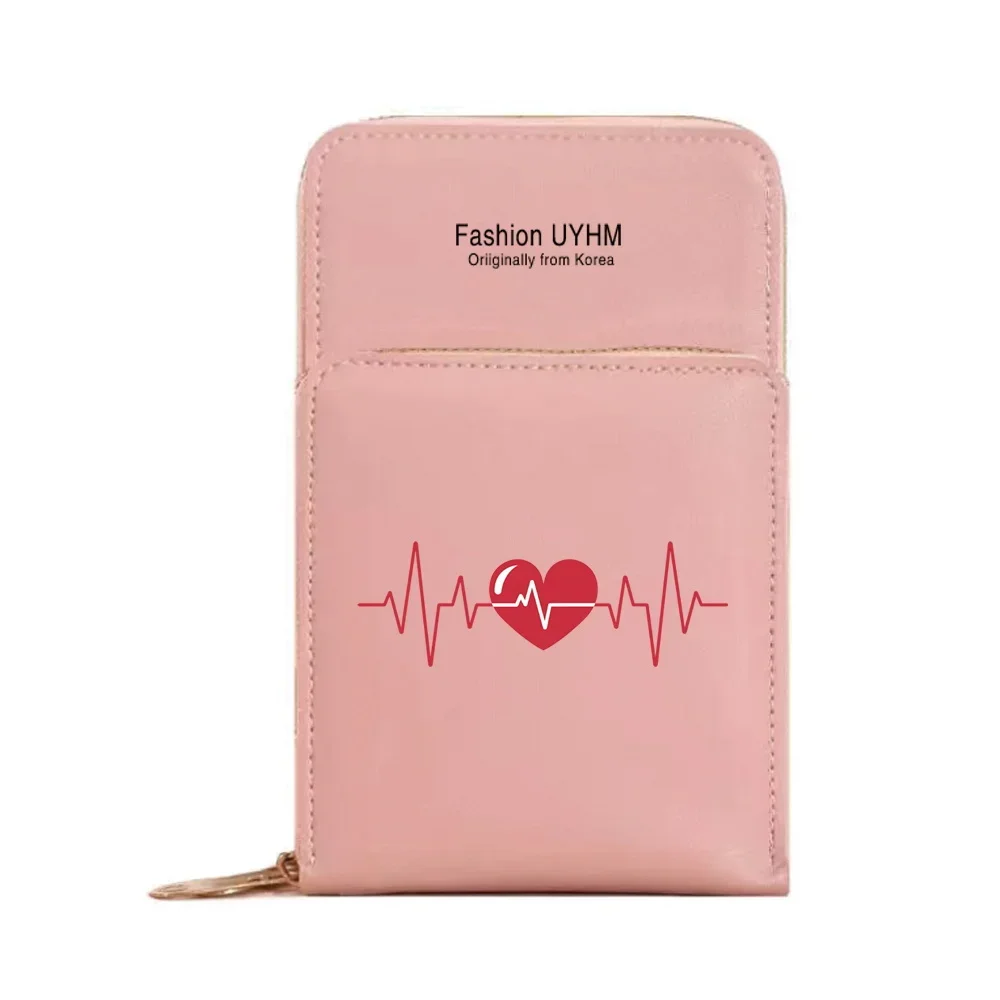Universal Mobile Phone Bag With Touch Screen Women's Bag PU Leather Wallets Card Holder Shoulder Crossbody Pouch Love Pattern
