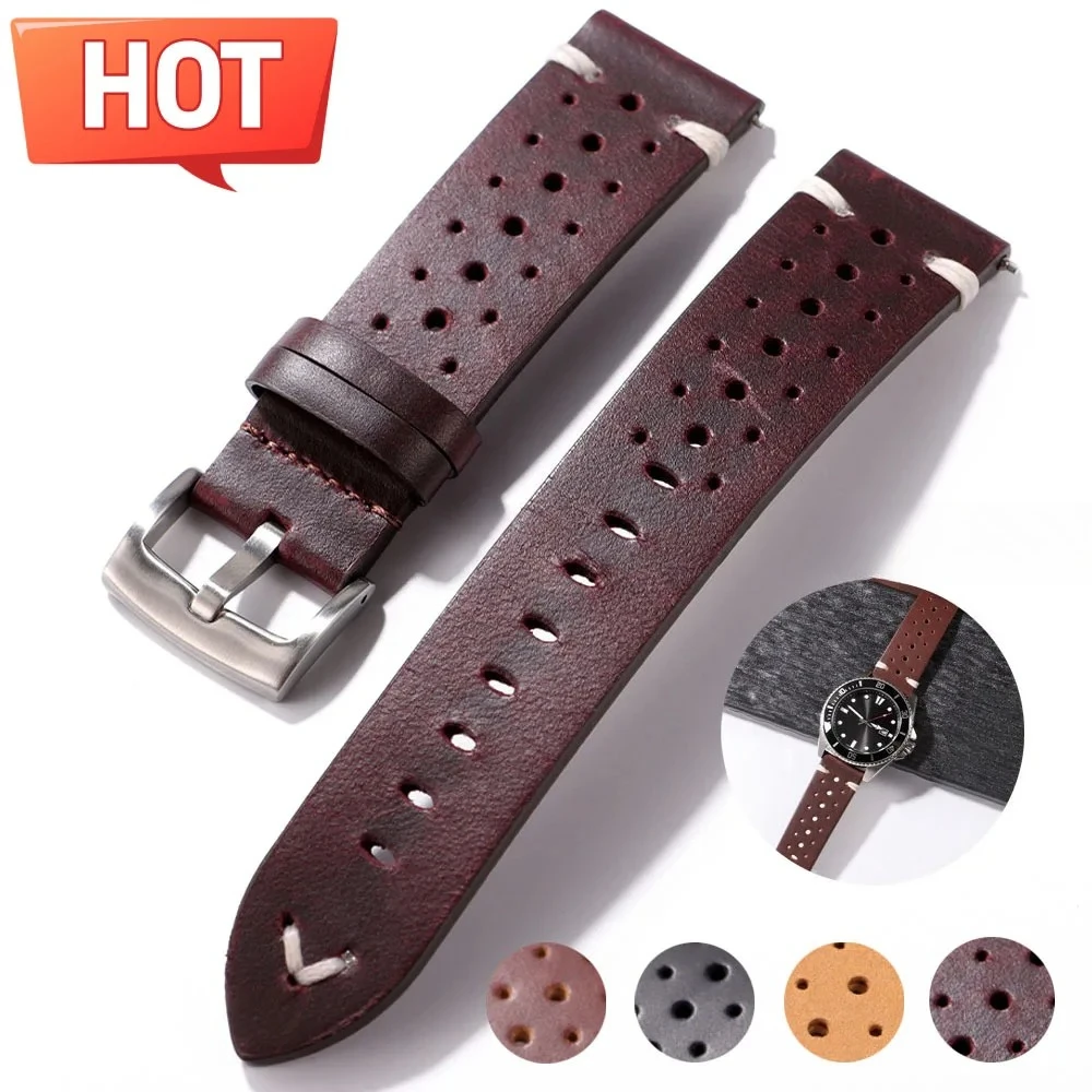 Premium Genuine Leather Strap Quick Release Oil Wax Discoloration Cowhide Leather Watchband 20mm 22mm Business Men Women Straps