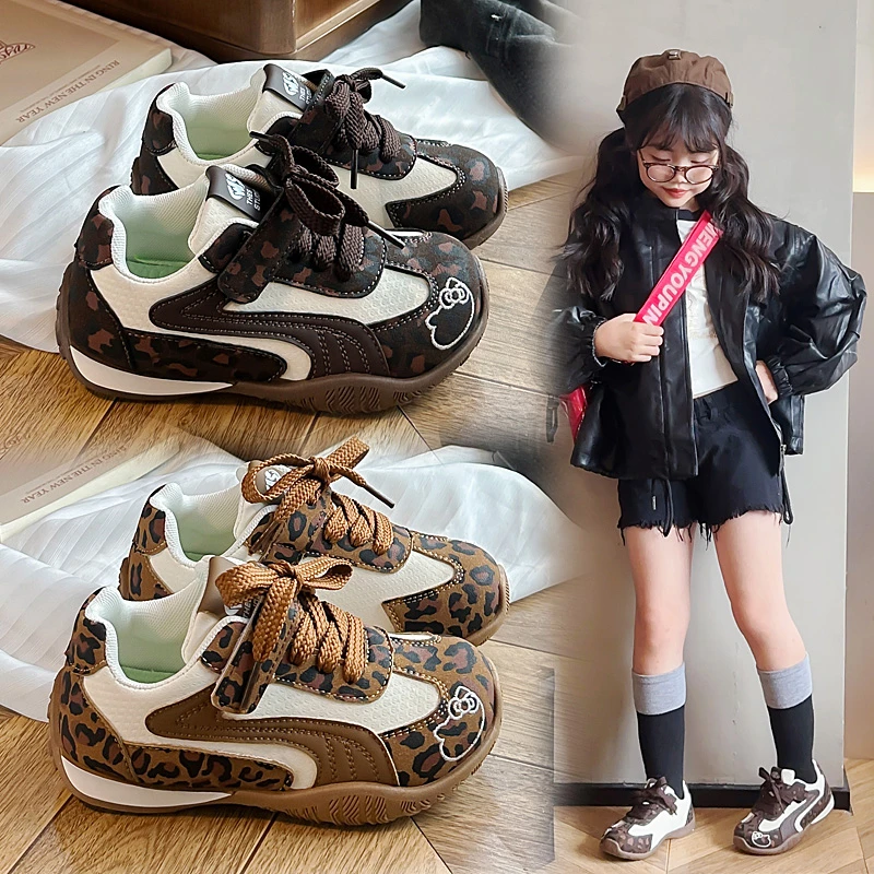 Girls Leopard Print Sneakers Luxury Design Children Shoes PU Leather Non Slip Flat Sole Cute Girls Casual Walking Shoes
