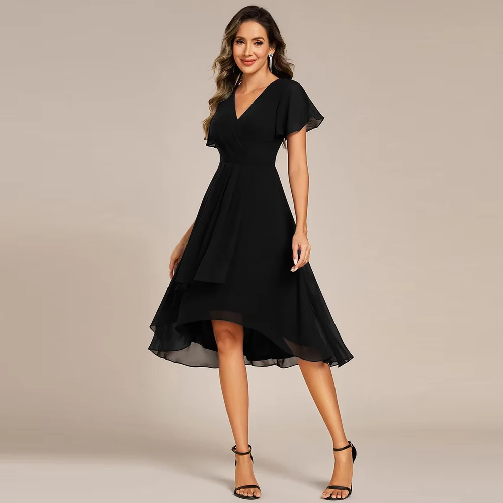 BAZIIINGAAA Party Dress Short Sleeve Ruffled V-Neck Pleated Asymmetrical Midi Wedding Guest Dresses Evening dress