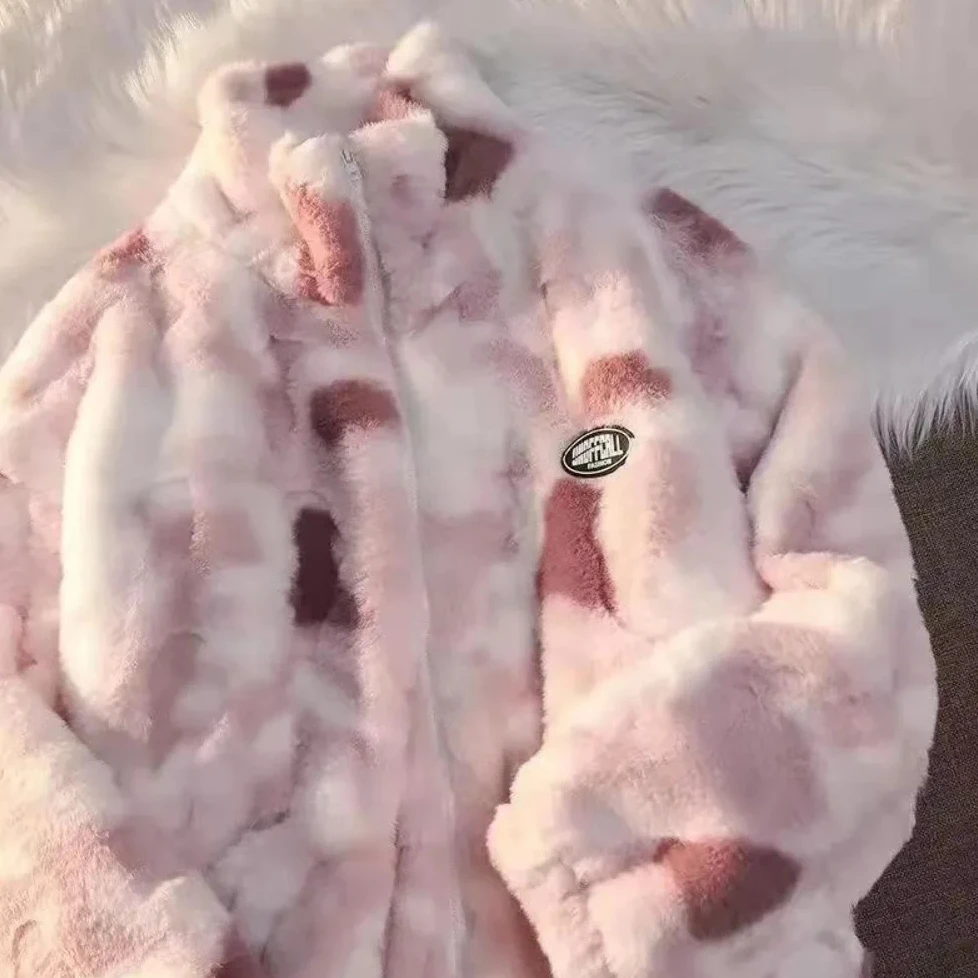 

Women's Tie Dye Fleece Jacket Autumn Winter Warm Plush Zipper Coat Harajuku Casual Loose Thick Outerwear Female Coats New Style