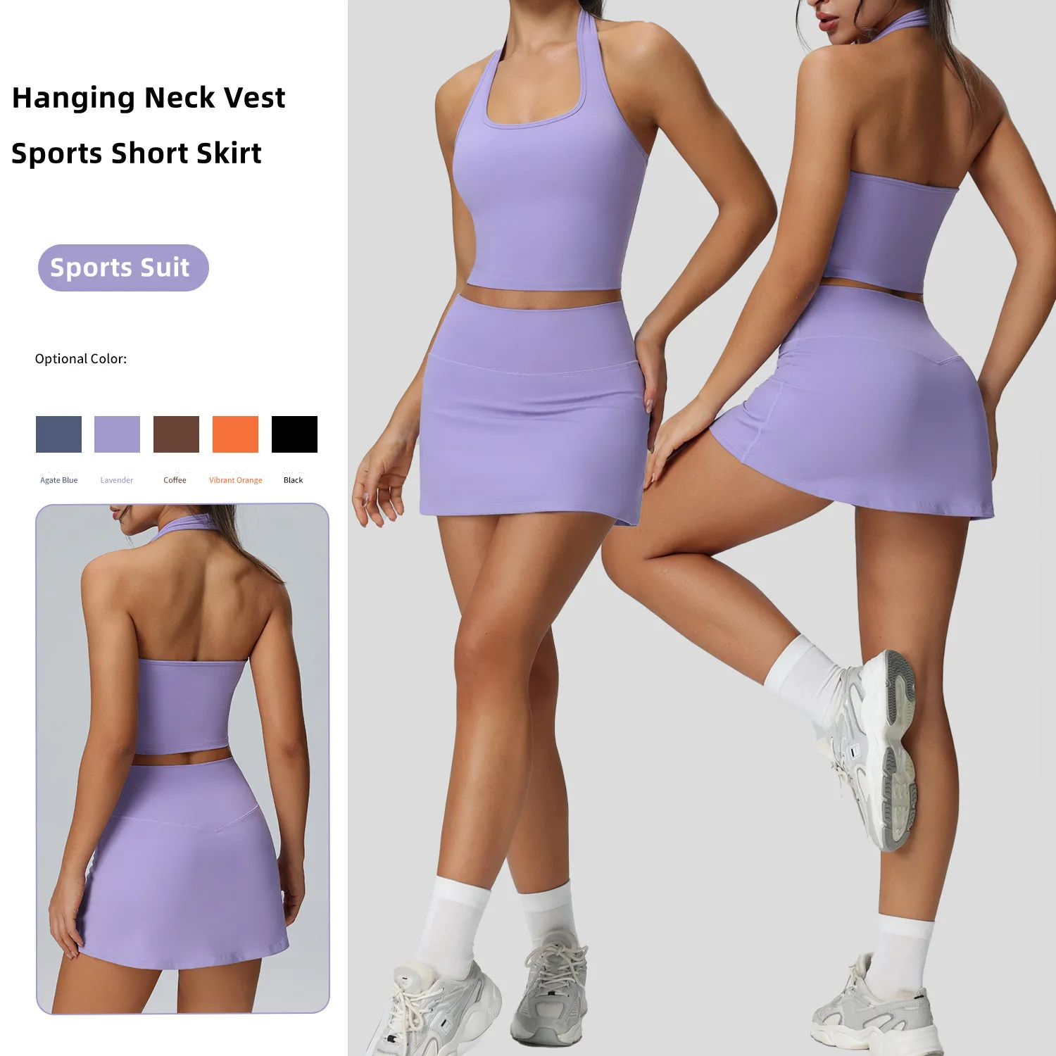 Sexy Backless Hanging Neck Women's Yoga Set Tennis Short Skirts With Phone Pocket Tight Elastic Anti-Sweat Fast Dry Sports Suit