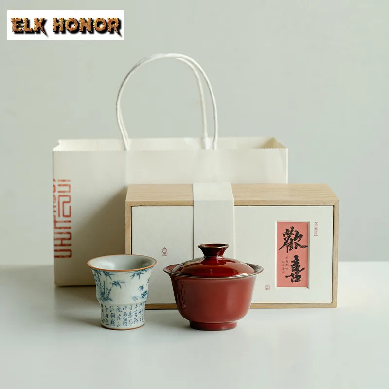 

High-end Cinnabar Red Ceramic Cover Bowl Kung Fu Tea Set Tea Brewing 1 Bowl 1 Cup Kit Bamboo Joint Cup Tea Set Designer Gift Box