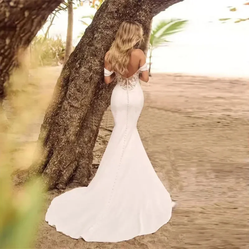 فستان زفاف حورية البحر أنيق للنساء قبالة الكتف سحاب مع زر يزين فرشاة ذيل فيستدوس مخصص #3