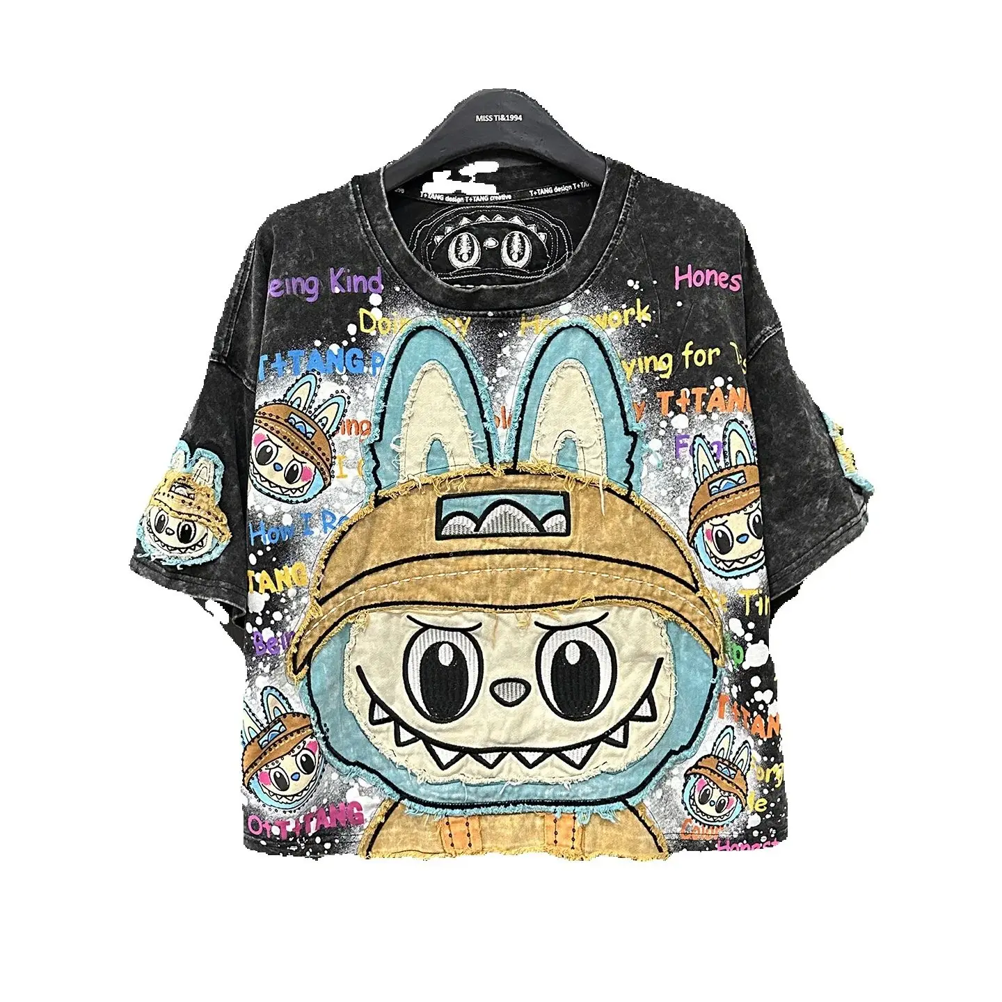 

2025 New Summer All-match Loose Women T-shirt Patch Cartoon Embroidery Round Neck Pullover Top Streetwear Cotton Basic Tshirts
