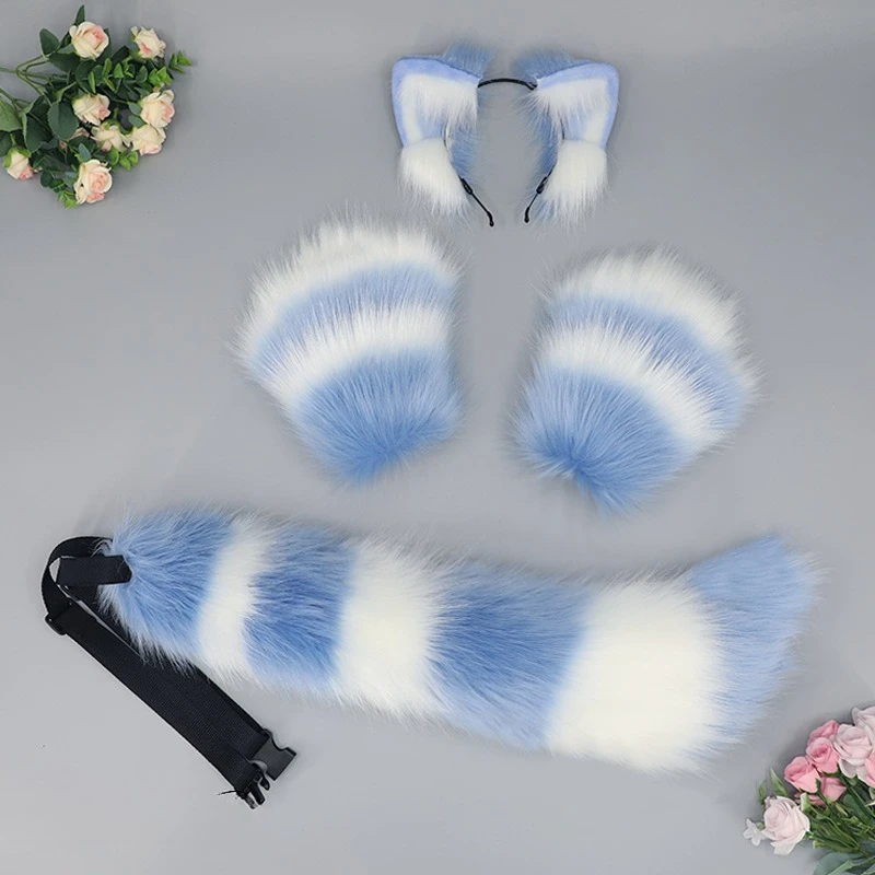 Handwork Fursuit Fox Ears Headband Plush Tail Orange Furry Headwear Animal Orc Cosplay Performance Props